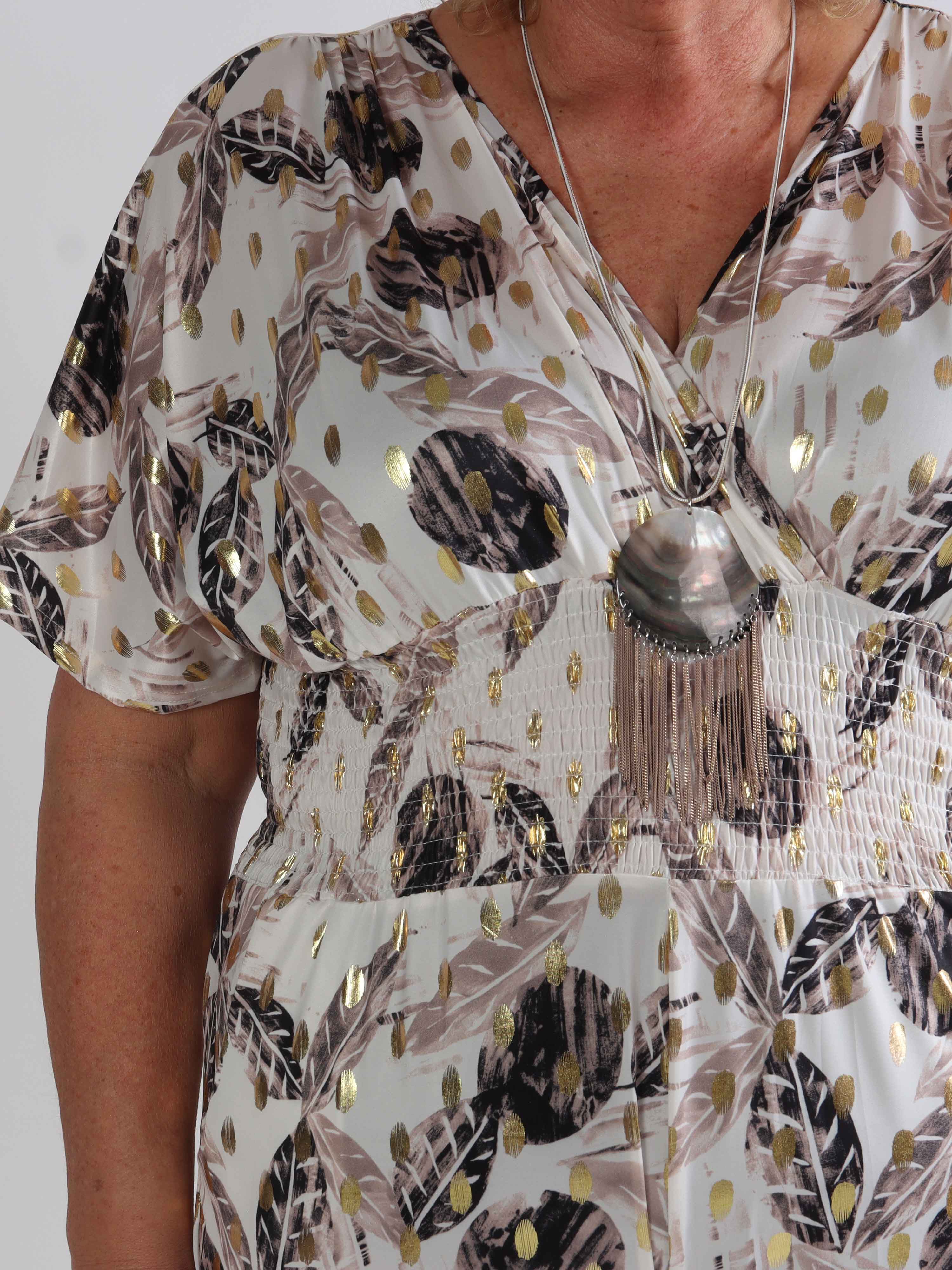 Pams Leafage Jumpsuit - Plus size buksedragt i bladmønster med guld dutter